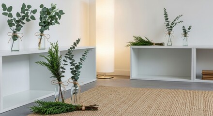 Minimalist room with plants in glass jars on white shelves and a jute rug