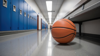 Basketball rests on polished floor in school hallway, surrounded by blue lockers and benches, evoking sense of anticipation and teamwork