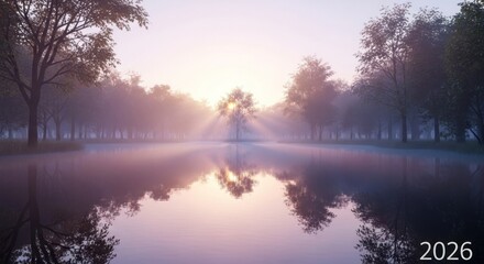 Misty morning scene with sun rays bursting through trees, reflected on serene water