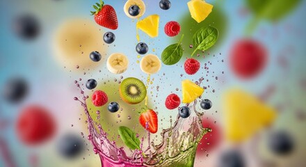 Mixed fruit splashing in a blend of two colored liquid streams