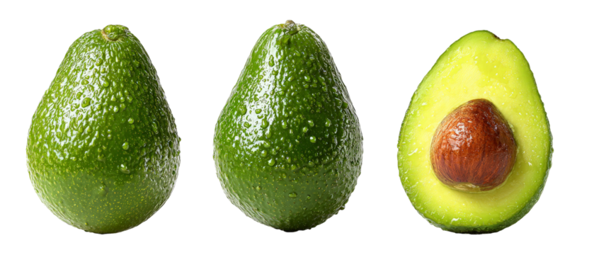 Three ripe avocados displayed in a row, showcasing their vibrant green skin and one cut open to reveal the creamy interior and brown pit, ideal for culinary use in healthy recipes