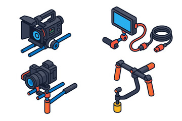 Film Equipment Icons. Isometric vector illustration set Film and photography – cinema camera rig, matte box, follow focus;