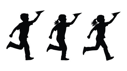 Obraz premium Children playing with paper airplanes silhouettes isolated on white background, Vector