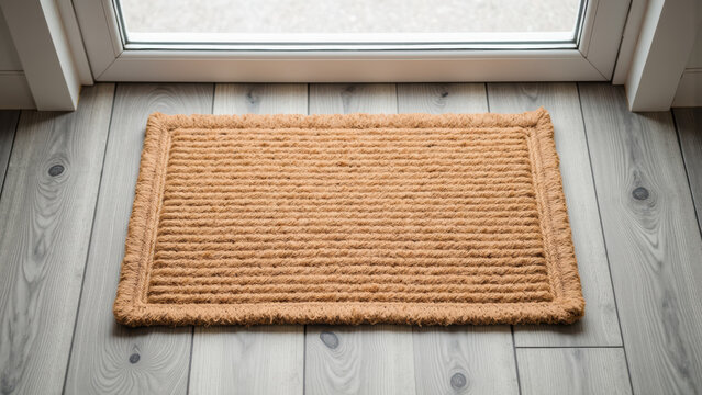 Cozy doormat placed at entrance, featuring textured surface and natural color, enhancing welcoming atmosphere of home