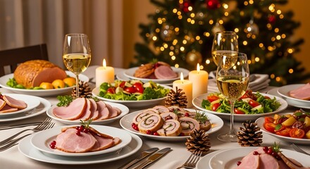 Fototapeta premium Festive Christmas Dinner Table with Holiday Decorations