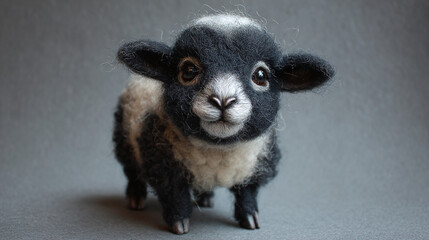 A captivating and adorable baby sheep, captured with remarkable detail. The sheep features a unique black and white coat, and its expressive eyes draw the viewer in