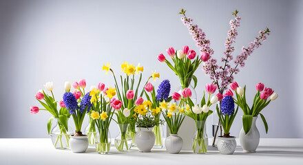 Vibrant spring flower collection in glass vases on a light background