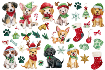 Adorable Christmas puppies and festive elements create a joyful holiday scene
