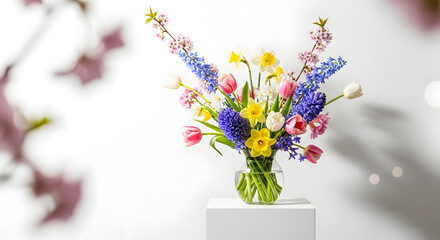 Vibrant spring flower arrangement in a glass vase on a pedestal