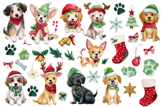 Adorable Christmas puppies and festive elements create a joyful holiday scene