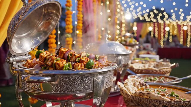 Delicious Paneer Tikka Indian appetizer displayed on a buffet table at an outdoor wedding party showcasing North Indian cuisine