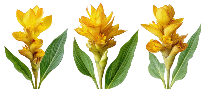 A vibrant display of yellow flowers with lush green leaves, set against a transparent background, showcasing their natural beauty and potential for use in floral arrangements or decor