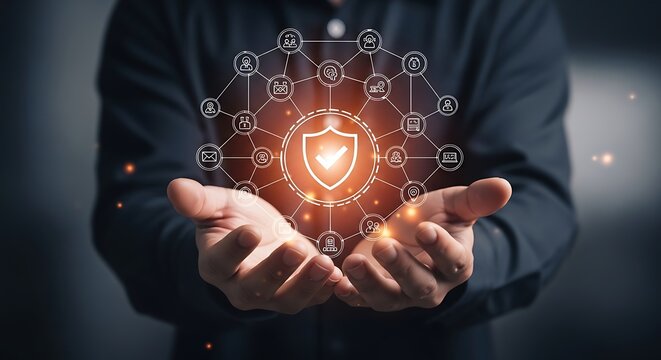Person holding hands cupped with a glowing network of security icons image photo