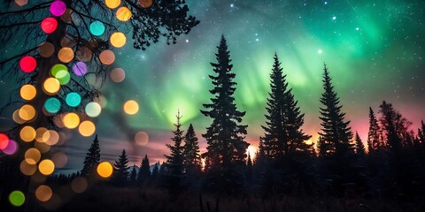 Magical winter night sky illuminated by aurora borealis and festive colorful lights amidst silhouetted pine trees