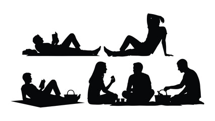 People enjoying leisure time and picnic silhouettes isolated on white background, Vector