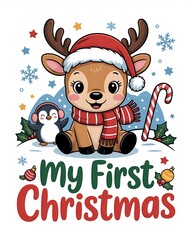 Cute baby deer wearing santa hat and scarf with penguin and candy cane