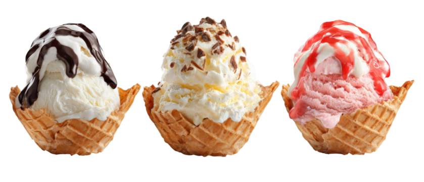 Three delicious ice cream cones featuring chocolate, vanilla, and strawberry flavors, beautifully arranged against a clean background, perfect for summer treats or dessert promotions