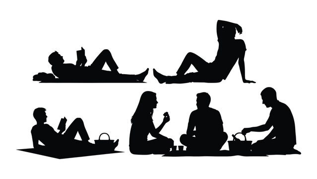 People enjoying leisure time and picnic silhouettes isolated on white background, Vector