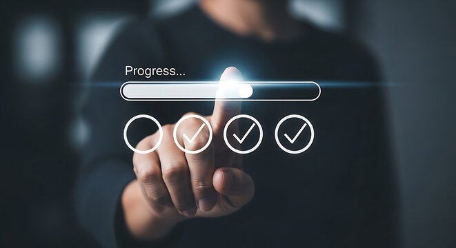 Person touching progress bar with checkmarks indicating completion loading success
