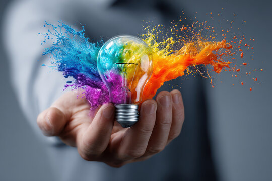 Creative explosion of colors around a light bulb in a hand during a conceptual art display - Powered by Adobe
