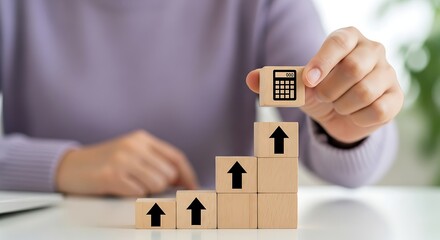 Hand stacking wooden blocks with upward arrows and calculator icon building