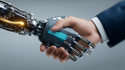 Robotic Hand Shaking Human Hand in Futuristic Technology Concept