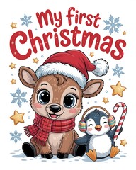 Cute baby reindeer and penguin celebrating my first christmas