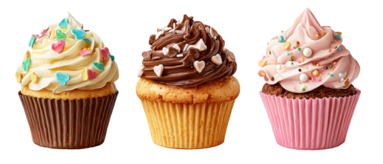 Three beautifully decorated cupcakes showcasing a variety of frosting styles and toppings, set against a clean background, ideal for dessert menus or baking blogs