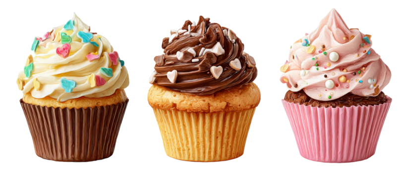Three beautifully decorated cupcakes showcasing a variety of frosting styles and toppings, set against a clean background, ideal for dessert menus or baking blogs
