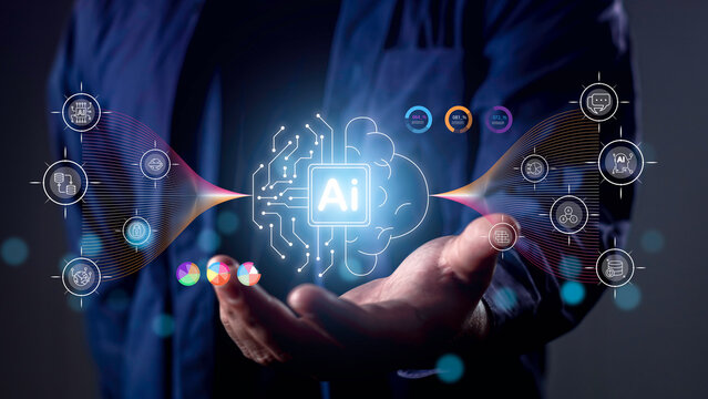 AI assistant with LLM, big data, and machine learning concept. Visual shows digital brain, data flow, and futuristic icons, representing intelligent automation and data-driven decision making.