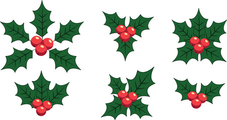 Christmas holly berry flat vector illustration icons set