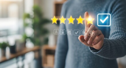Hand Selecting Five Star Rating on a Digital Interface review feedback