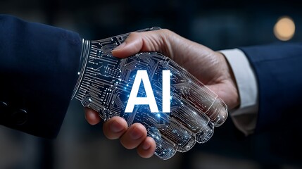 Handshake Between Business Professionals with Digital Ai Circuitry Handshake in Modern Technology Office