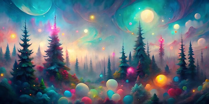 Enchanting forest scene illuminated by vibrant ethereal lights and a celestial moon creating a magical dreamlike atmosphere