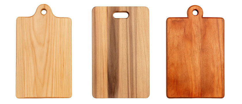 A collection of three wooden cutting boards of varying shapes and finishes, arranged side by side against a white background, showcasing their unique textures and colors for culinary use