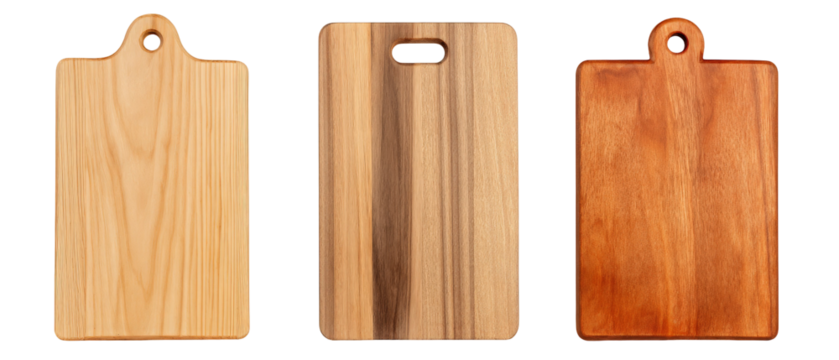 A collection of three wooden cutting boards of varying shapes and finishes, arranged side by side against a white background, showcasing their unique textures and colors for culinary use