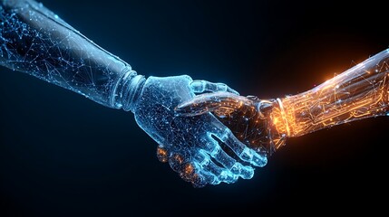 Digital Handshake Between Futuristic Blue and Orange Cybernetic Hands in Dark Background