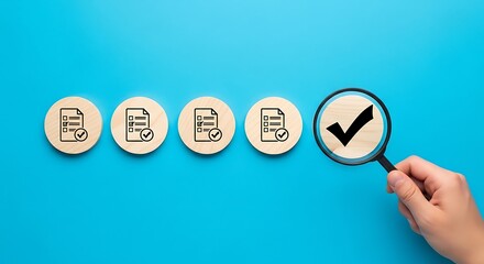 Magnifying glass over checklist with checkmarks on blue background done completed