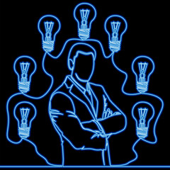 Businessman surrounded by light bulbs symbolizing creativity and innovation icon neon glow vector illustration concept