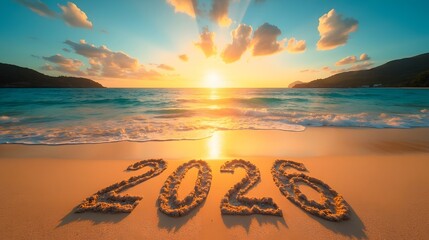 Tropical Sunset View with "2026" Written in Sand on the Beach, Symbolizing New Year's Resolution, Paradise Vacation, and Future Travel