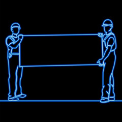 Two workers holding blank signboard for advertisement or construction icon neon glow vector illustration concept