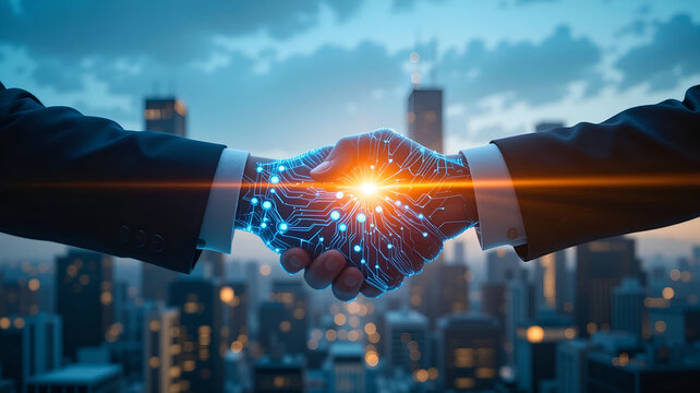 Two Businessmen Shaking Hands with Digital Circuit Board Overlay and Bright Flare Against Blurred Modern City Skyline, Ideal for Technology Partnership, AI Integration, and Future Business Concepts