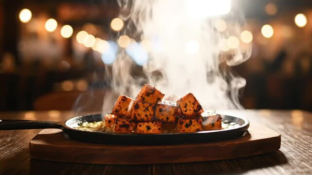 Delicious and flavorful Paneer Tikka an Indian appetizer of marinated grilled cheese cubes served on a sizzling platter with smoke and colorful blurred background