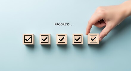 Hand Placing Last Checkmark Block Completing a Row of Five Progress Blocks checklist