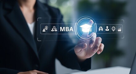 Person Selecting MBA Program on Digital Graduation Cap Interface business administration