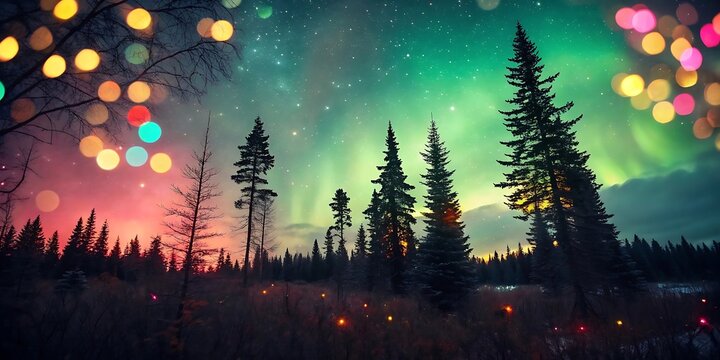 Magical winter forest under aurora borealis and festive bokeh lights creating a dreamy enchanted holiday atmosphere