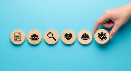 Hand selecting shield icon from wooden discs with various symbols image photo