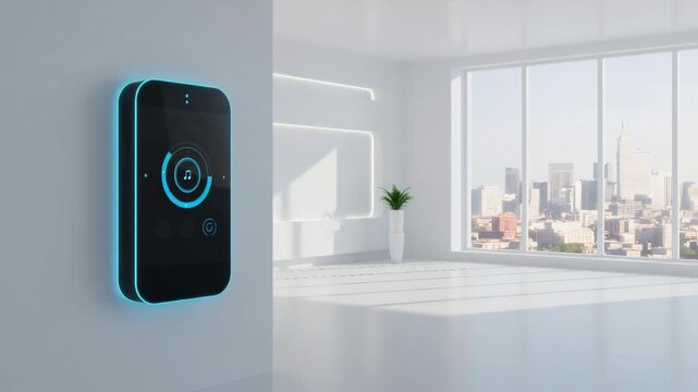 Smart home device with glowing interface controlling music in modern room with city view, displaying automation technology