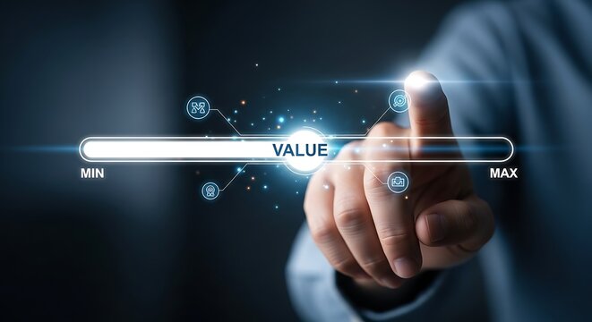 Finger touching screen displaying value scale with icons and light effects image