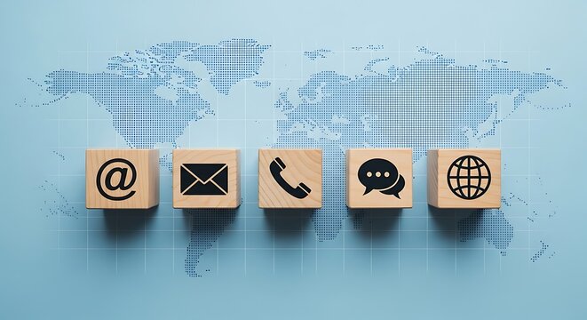 Contact Icons on Wooden Blocks Over World Map Background communication globe